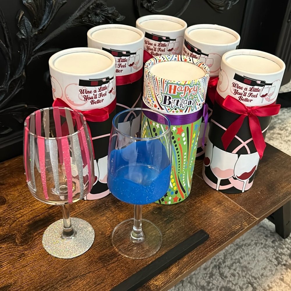 6 wine gift boxes, 5 Wine a Little, 1 birthday, plus 2 hand painted wine glasses